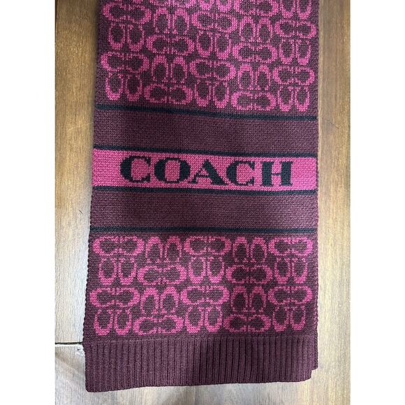 Coach Scarf Signature Logo Wool Blend Rib Knit Deep Berry 69 X 10.75 NEW - Picture 1 of 5
